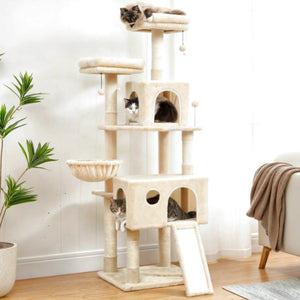 Arbre à chat 160 cm beige - Griffoir & plateforme pour chat